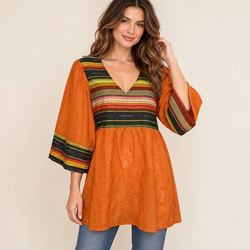 Silverado Home XL Orange Serape Stripe Cotton Babydoll Tunic Top USA Boho